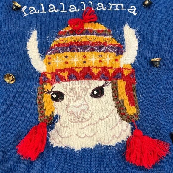 Blue Acrylic Christmas Sweater Falalallama sz L/XL - Picture 3 of 5
